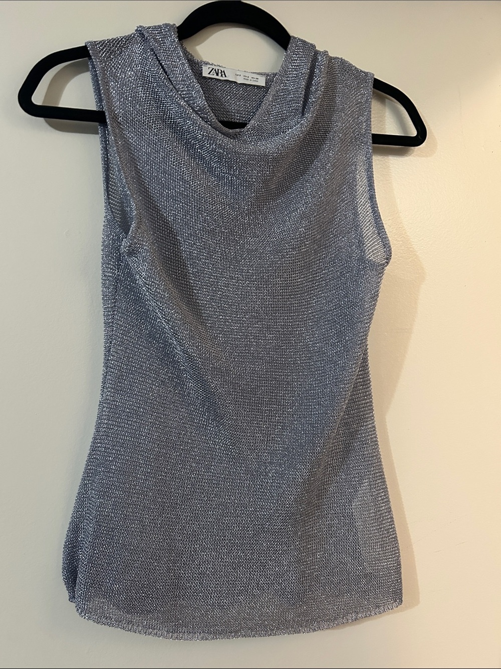 Zara Metallic Silver Knit Cowl-Neck Tank